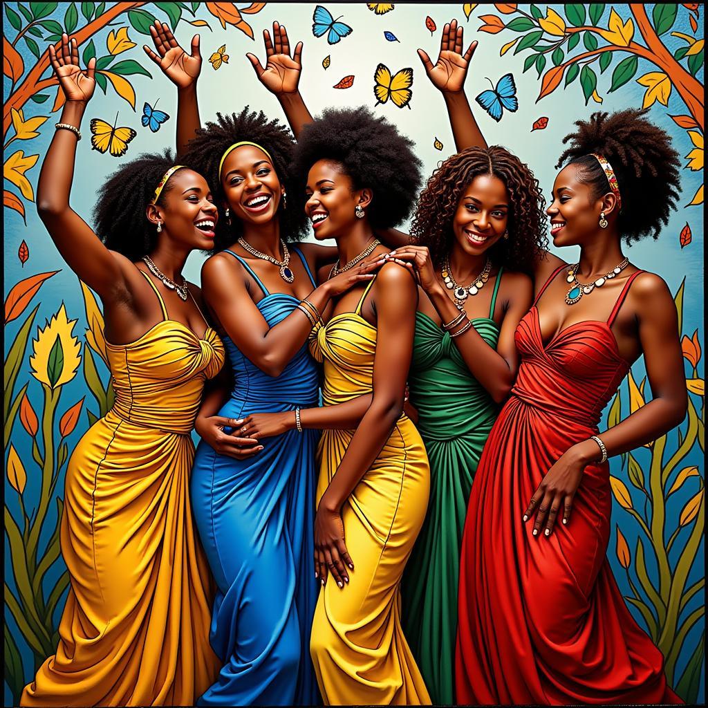 African ladies celebrating their heritage in a Tilly Wilson glass painting