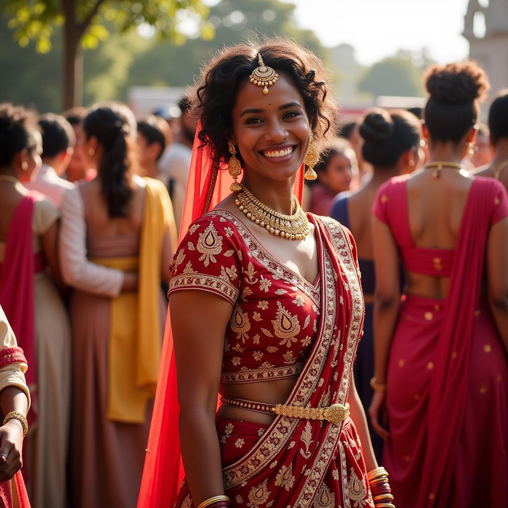 African Lady in Vibrant Indian Wedding Dress at a Ceremony