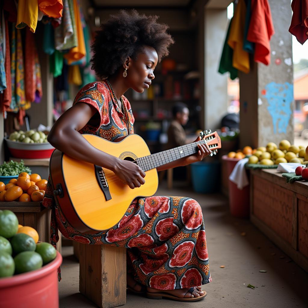 African Lady Playing Guitar in a Bustling Market