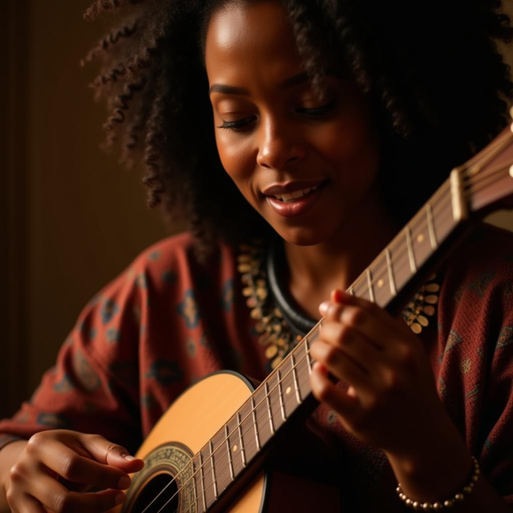 African lady singer skillfully playing the kora.