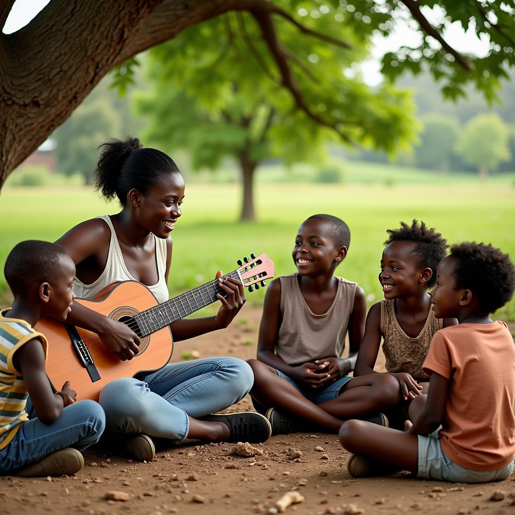 African Lady Teaching Children to Play Guitar