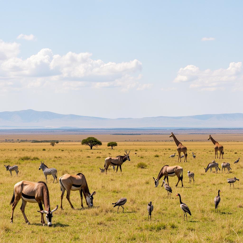 Diverse African landscape with various animals, including kudu