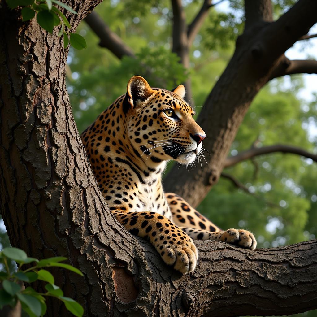 African Leopard Camouflaged in Tree