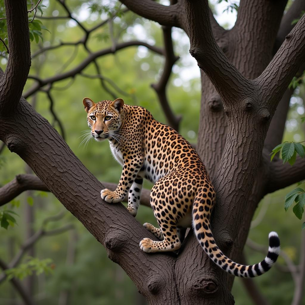 African Leopard Camouflaged in a Tree