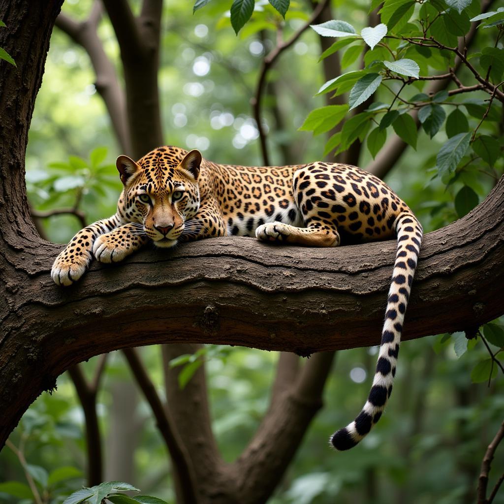 African Leopard Camouflaged on a Tree Branch