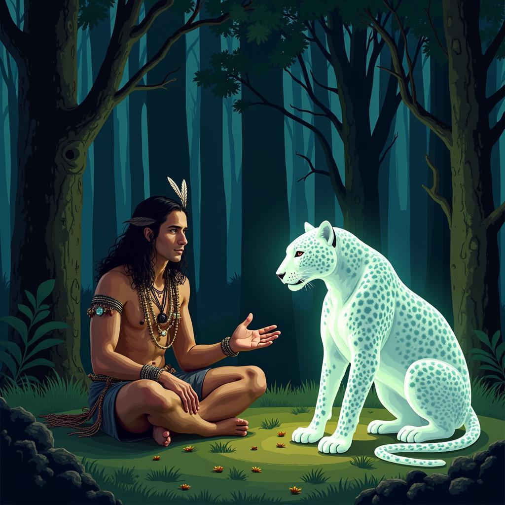 African Leopard and Shaman - An illustration of an African shaman communicating with a leopard spirit, showcasing the connection between humans and the spiritual realm of animals in African traditions.