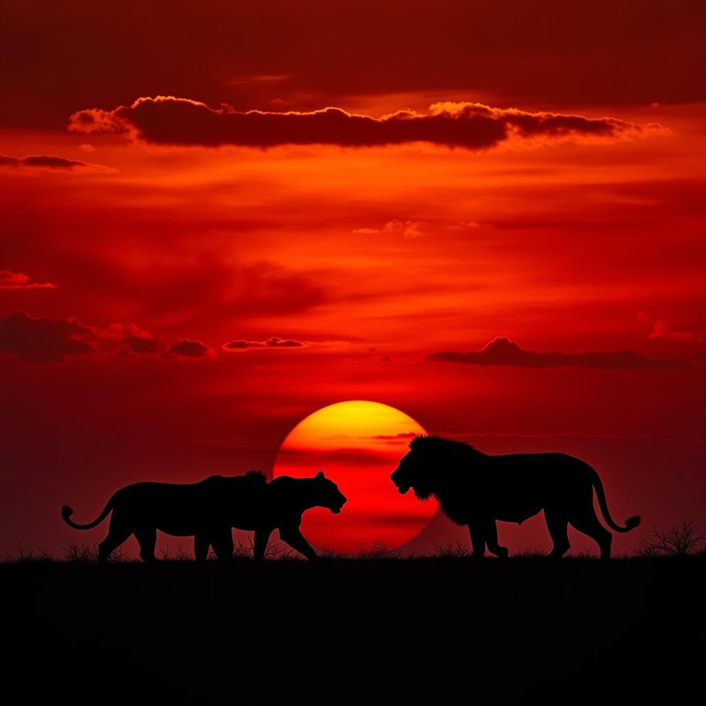 African Lion Pride Silhouette Sunset Serengeti