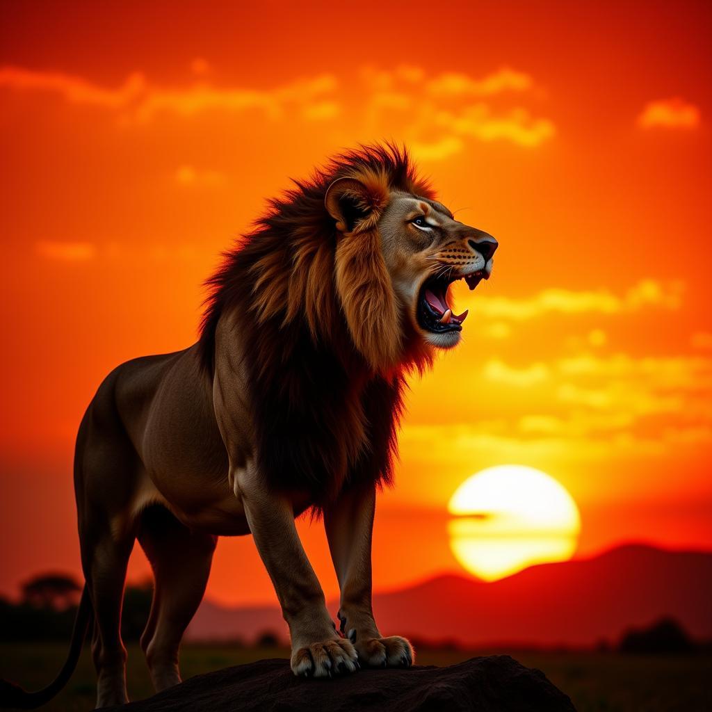 African Lion Roaring at Sunset