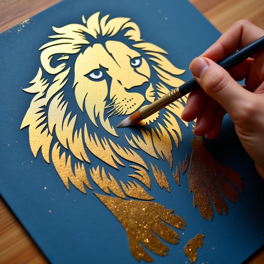 African Lion Stencil on Canvas Painting