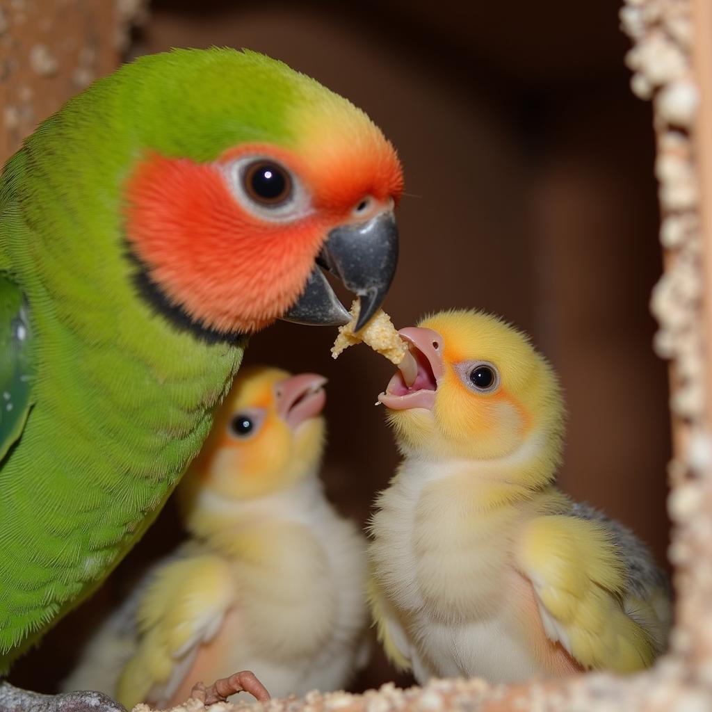 An African love bird parent feeding its young in the nest, demonstrating parental care.