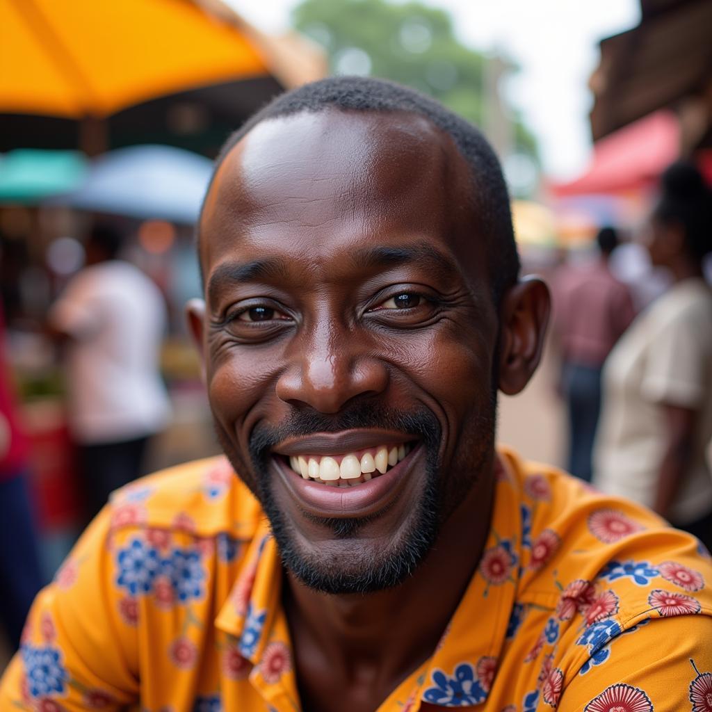 A portrait of an African man laughing heartily, showcasing genuine joy and happiness.