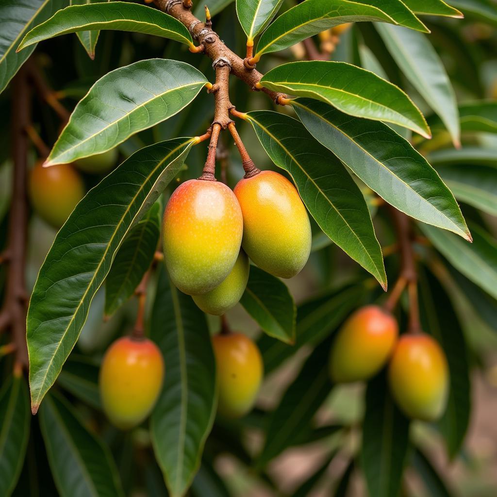 African Mango Tree and Fruit: A depiction of the Irvingia gabonensis tree with its distinctive fruit, highlighting the source of the popular weight loss supplement.