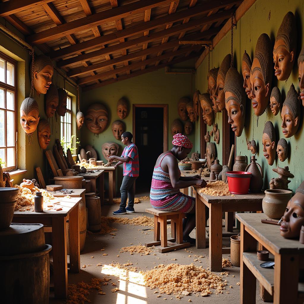 African Mask Carving Workshop in Progress