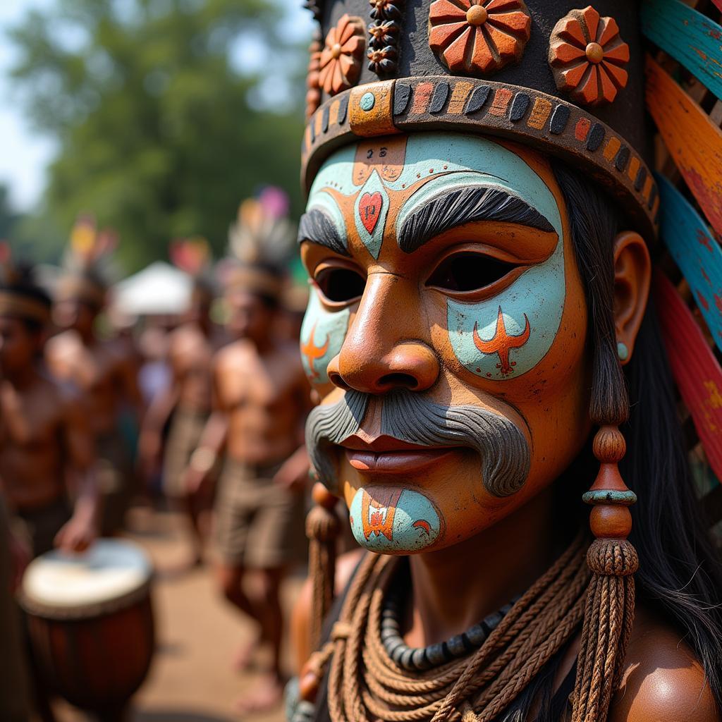 A vibrant African mask used in a ceremonial dance