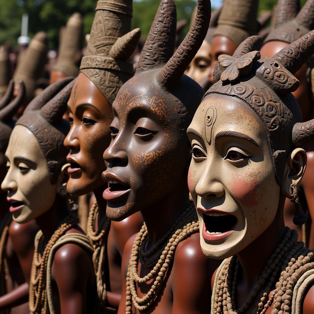 African masks used in a traditional dance ceremony, representing spiritual figures and ancestral connection