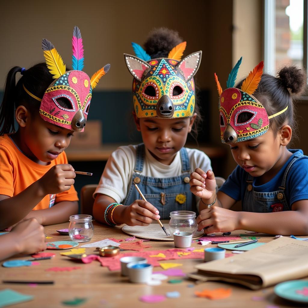 Children making African masks in a primary school art class