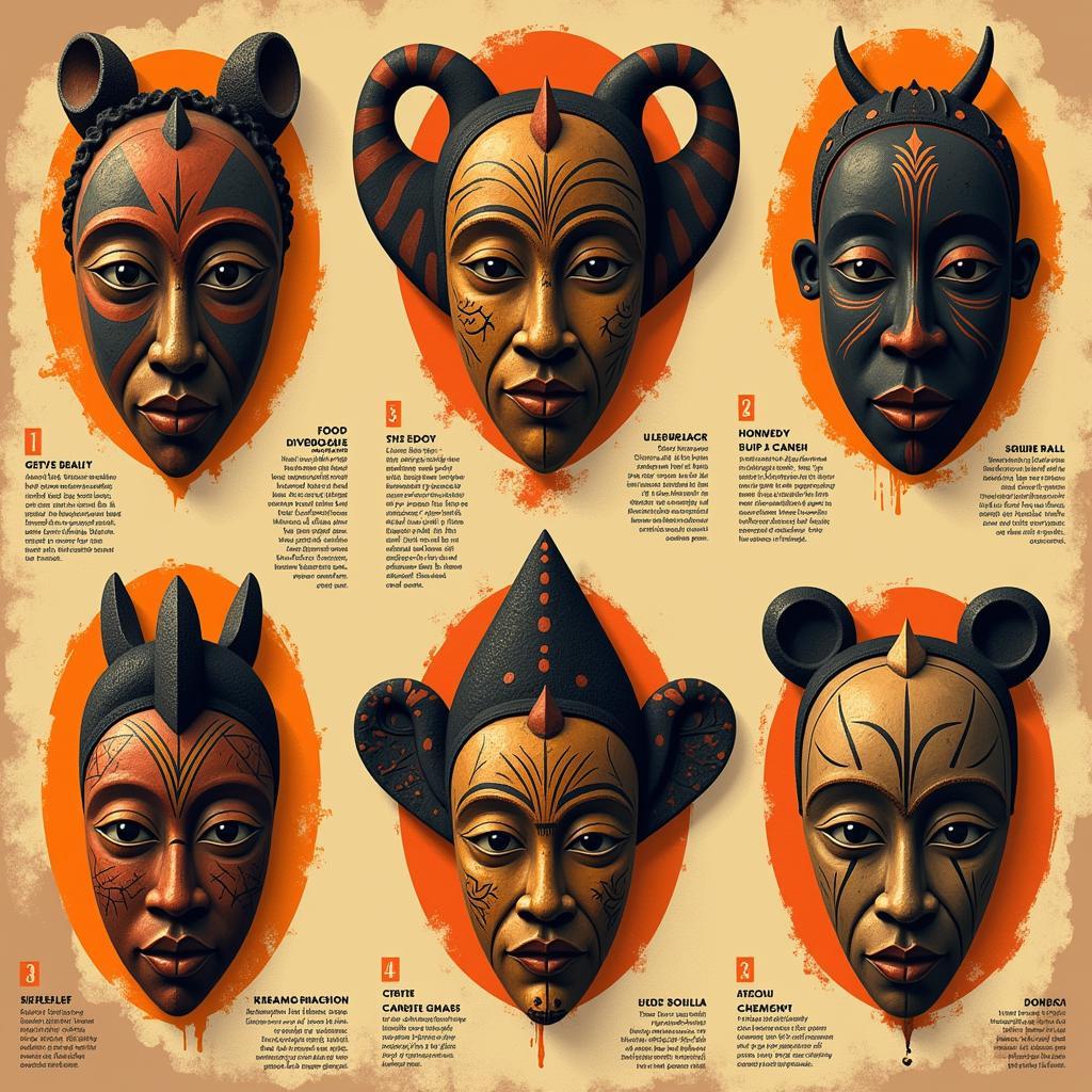 African Mask Poster Design: A vibrant poster showcasing a variety of traditional African masks, each with unique patterns and symbolism, representing different tribes and ceremonies across the continent.