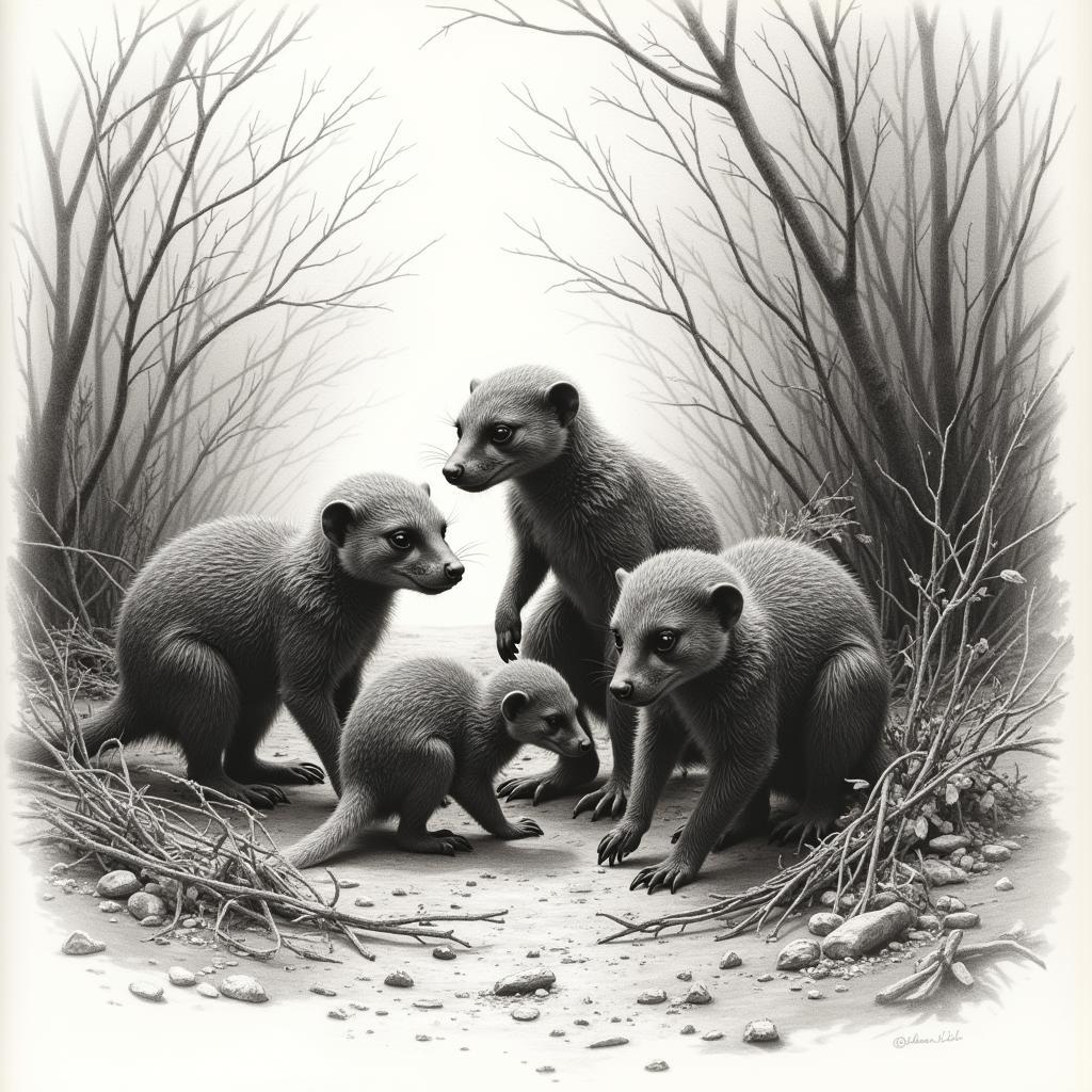 Charcoal Sketch of an African Mongoose Family