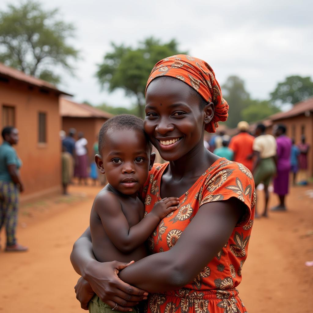 African Mother and Child in a Village Setting