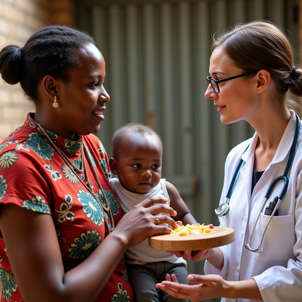 An African mother learning about child nutrition from a healthcare worker