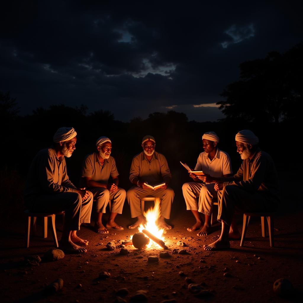 African Elders Sharing Stories Around a Fire: Preserving Cultural Heritage Through Oral Tradition