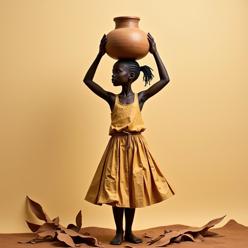 African Paper Sculpture: Girl Holding Water Pot