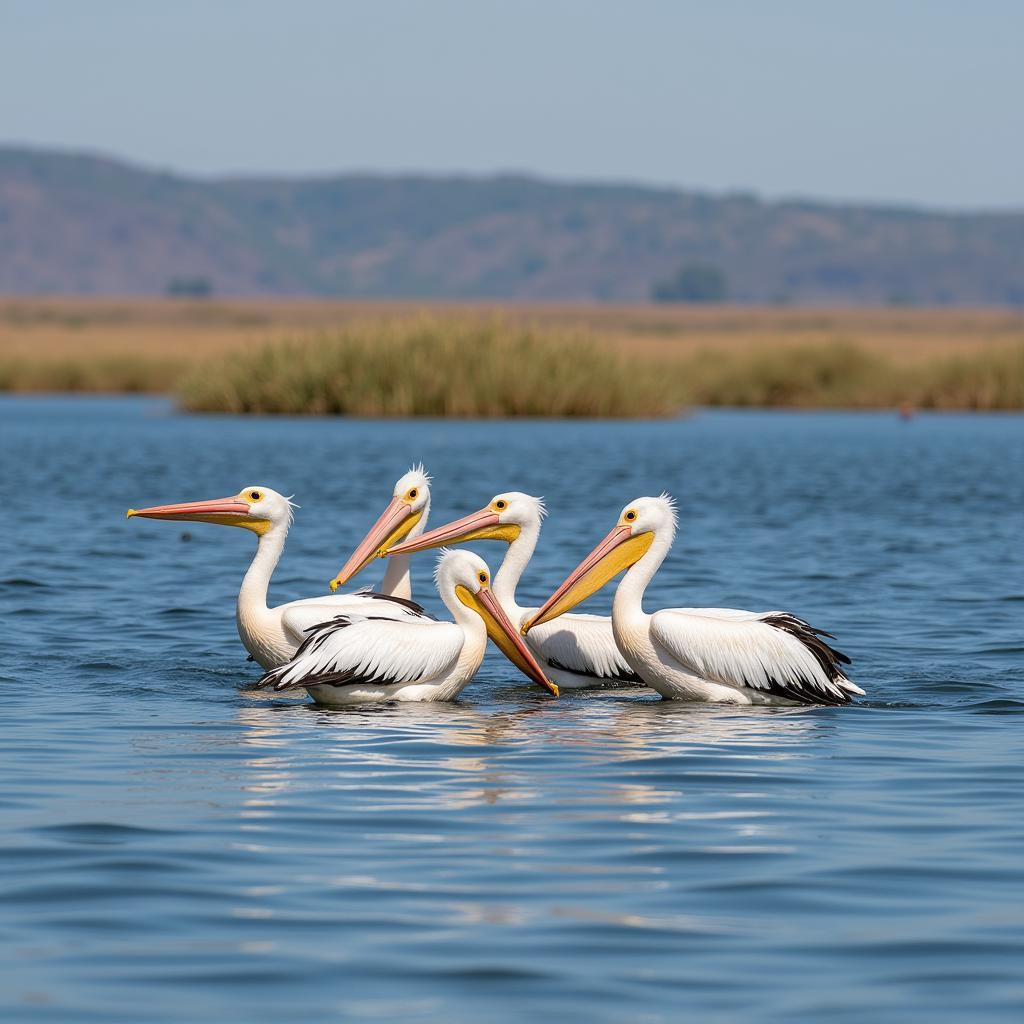 African Pelicans Fishing in a Group