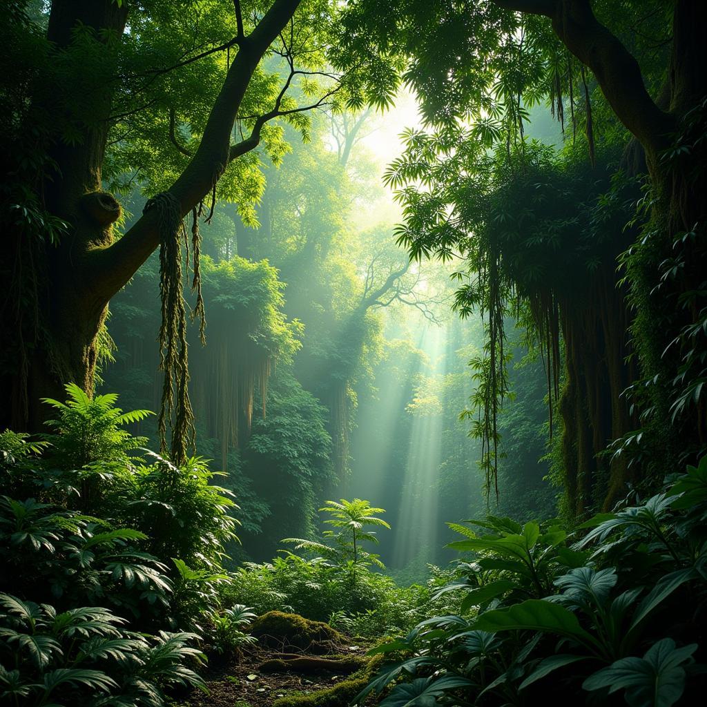 African Rainforest Canopy in 2D: A detailed view of the dense canopy of an African rainforest, showing the diversity of plant life and the interplay of light and shadow.