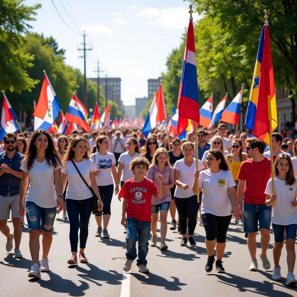 African Republic Day Parade: A procession of people marching down a street, carrying flags and banners.