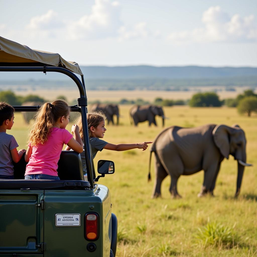 A family on safari in Africa during August. They are in an open-top jeep, observing wildlife in the savanna.  Children are pointing excitedly at a group of elephants in the distance.