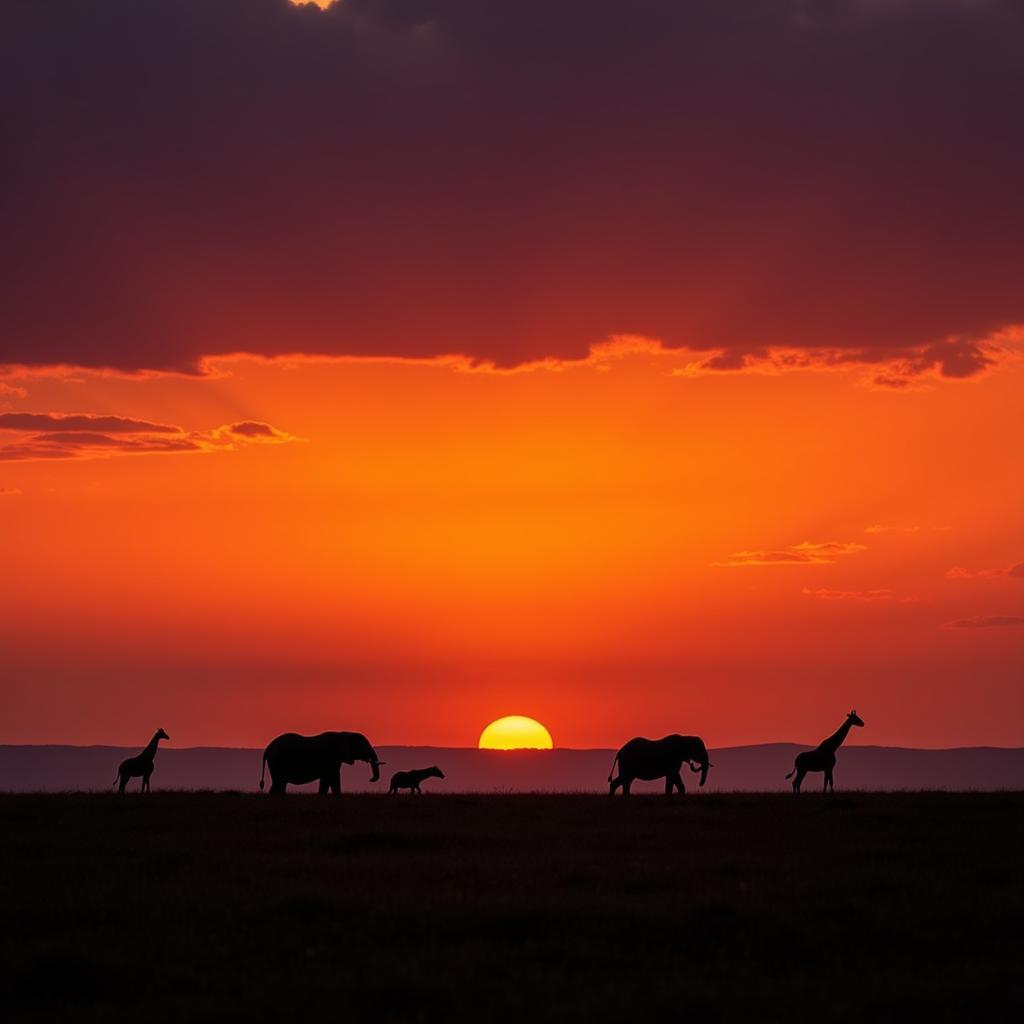 African Safari Sunset with Wildlife Silhouette