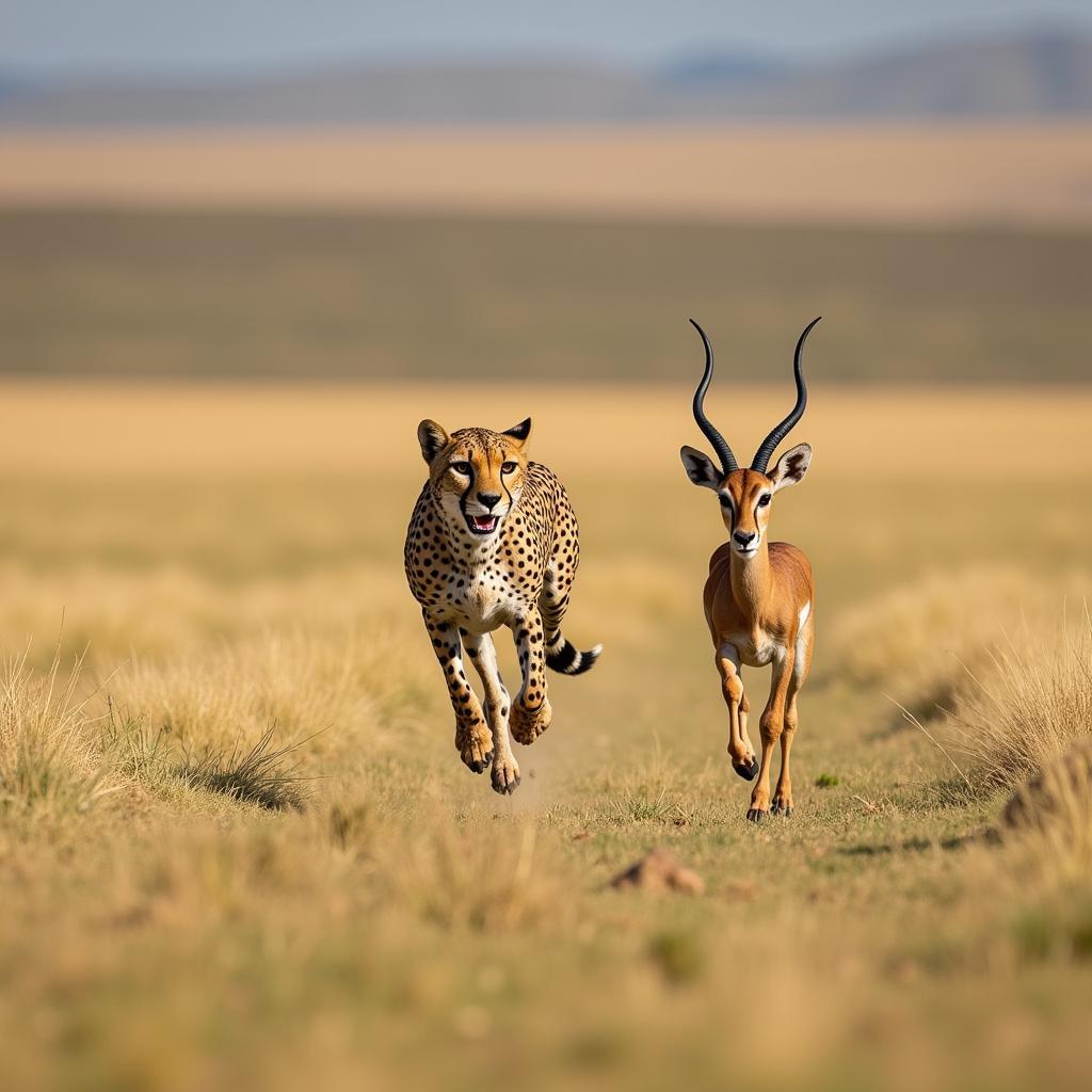 A cheetah in high-speed pursuit of a gazelle on the African savanna