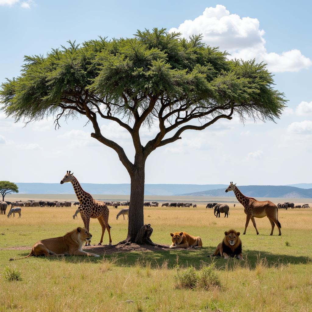 African Savanna Mammals: Lion, Elephant, Giraffe, and Zebra