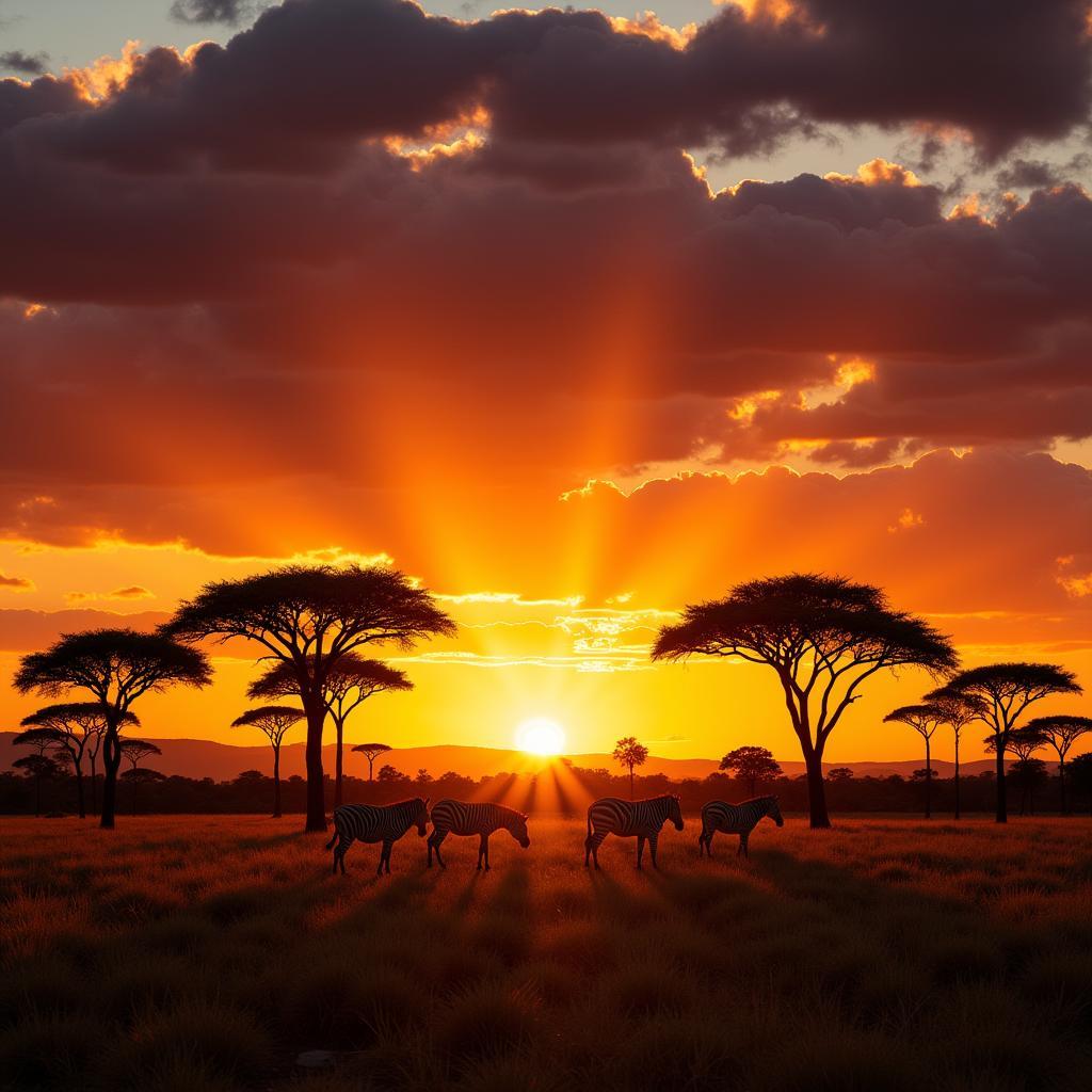 African savanna sunset landscape with acacia trees and wildlife.