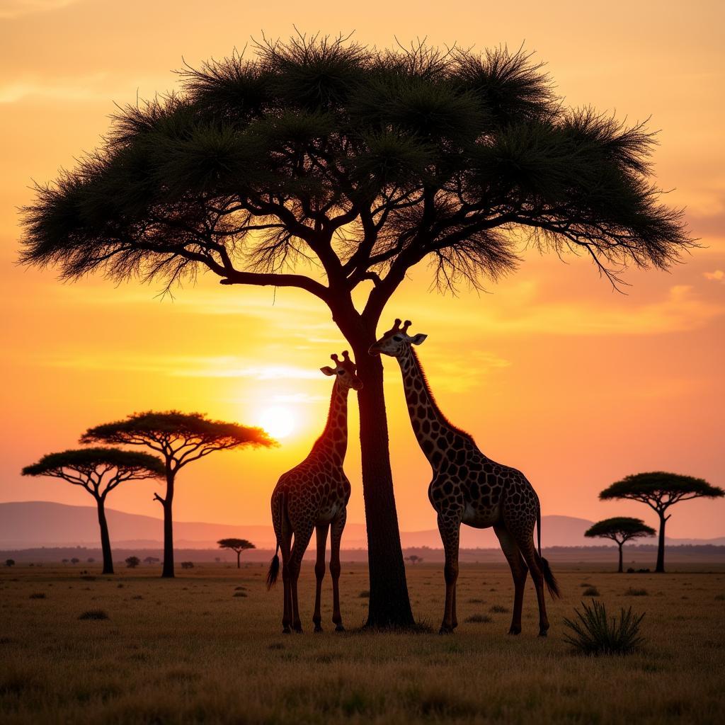 Giraffes feeding on acacia leaves in the African savanna