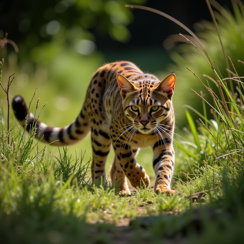 African Savannah Cat Hunting Prey in Tall Grass