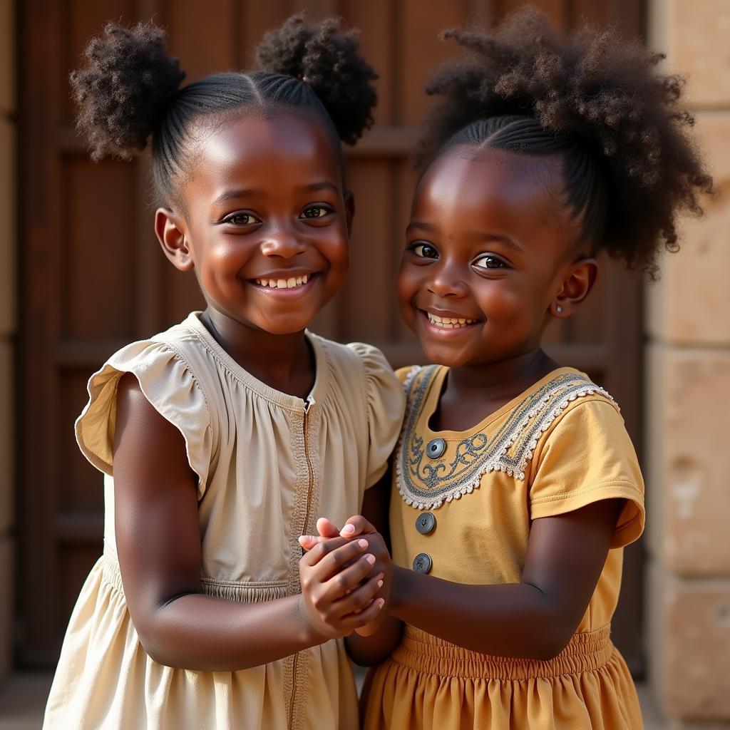 Two African siblings, a brother and sister, smiling together, reflecting the strong bond of family and community.