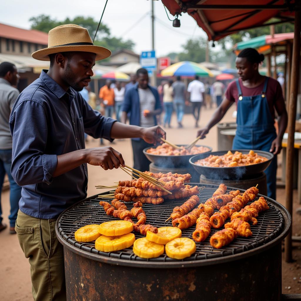 African Street Food Vendors Grilling Meat and Plantain