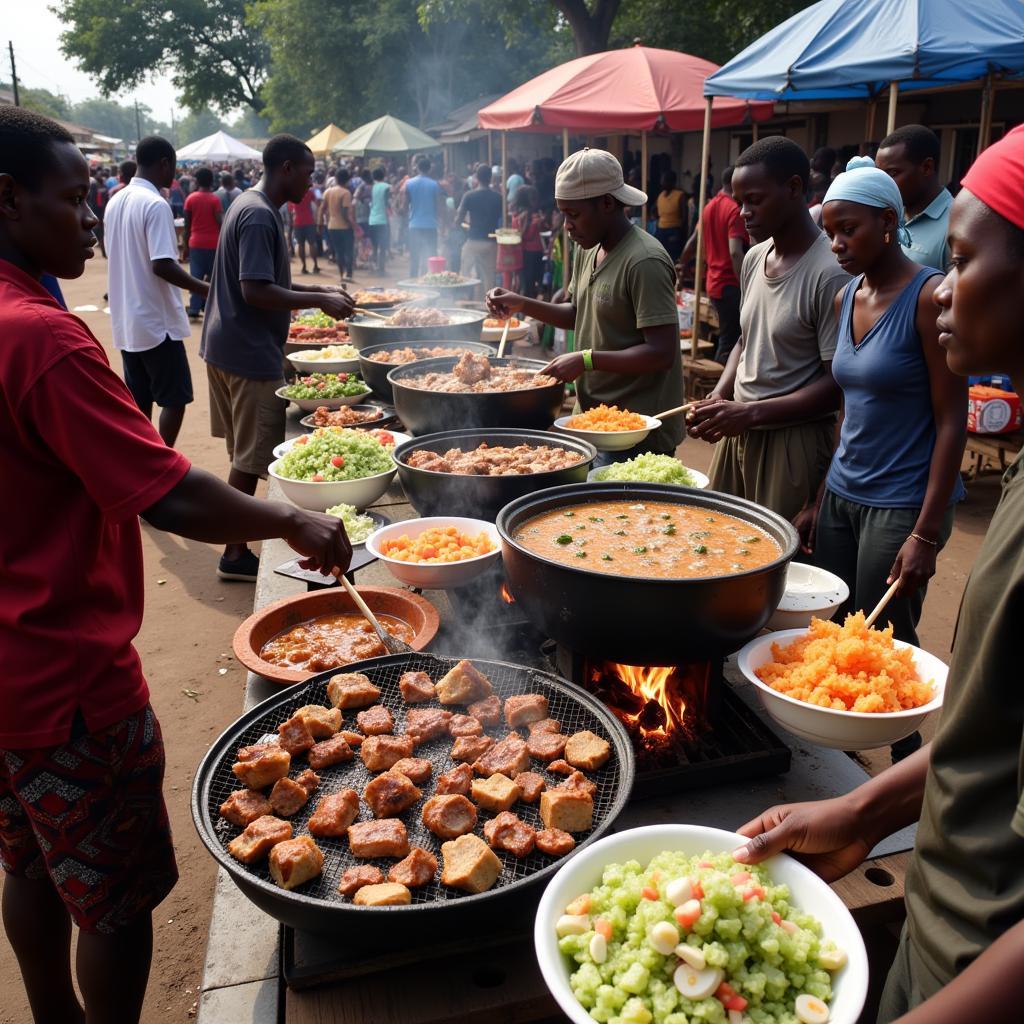 Street food vendors preparing and serving delicious dishes in an African street