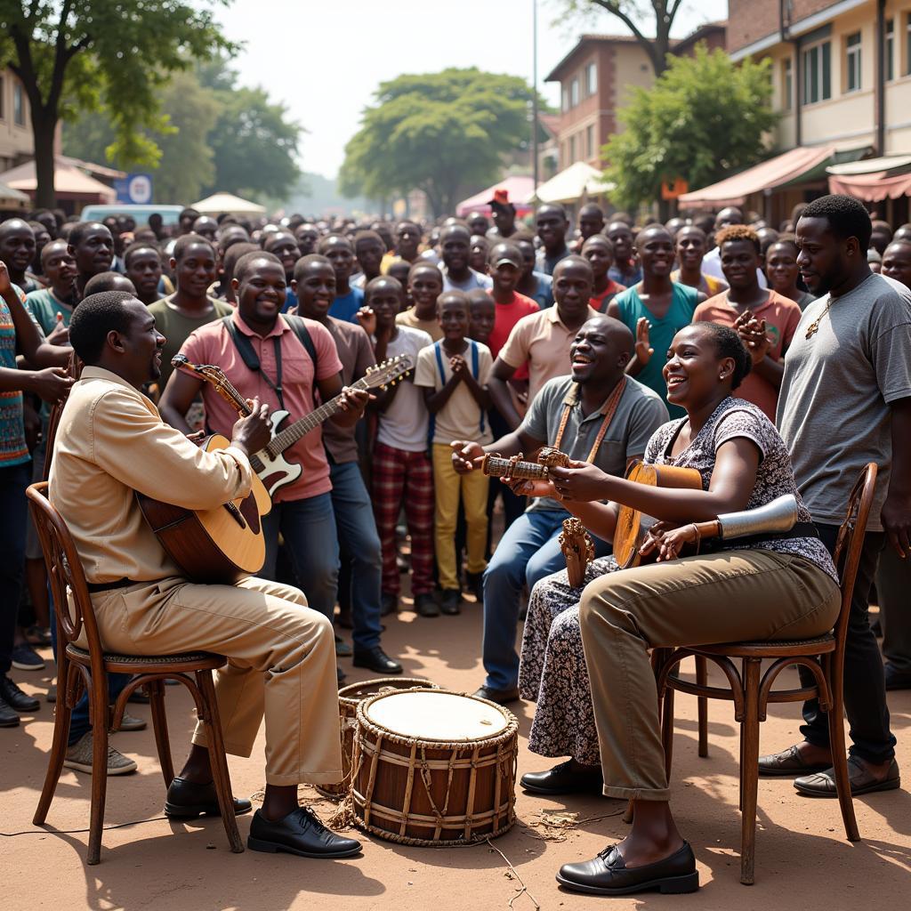 African musicians performing on the street, surrounded by a captivated audience