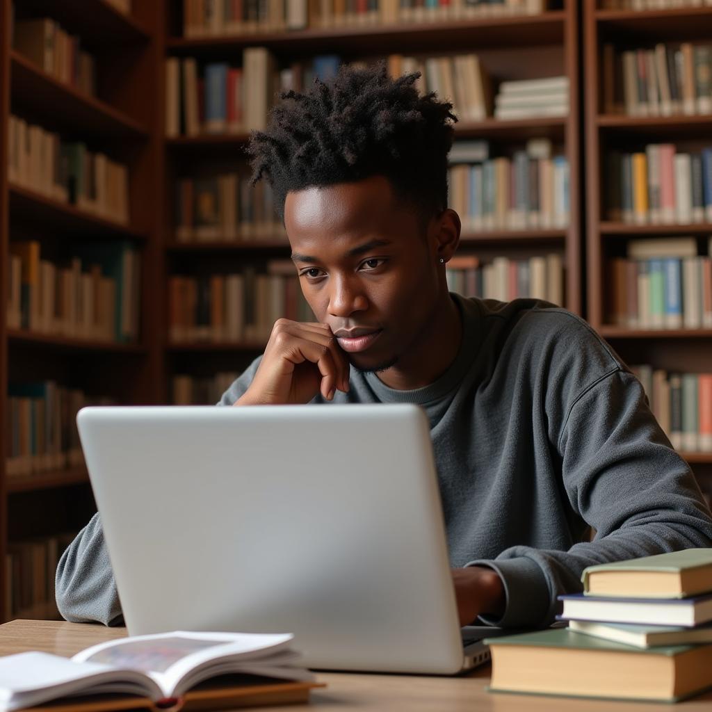 African Teen Studying in Library