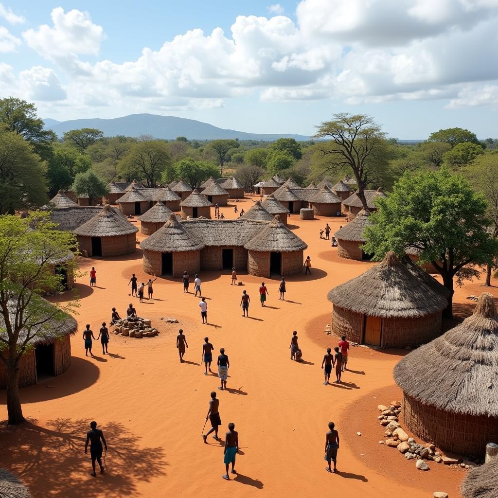 Traditional African Tribal Village with Huts and Community Life