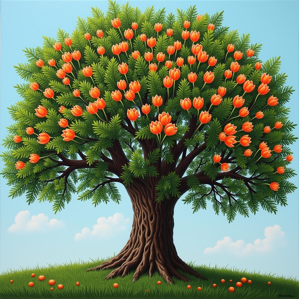 An acrylic painting depicting the vibrant beauty of the African tulip tree.