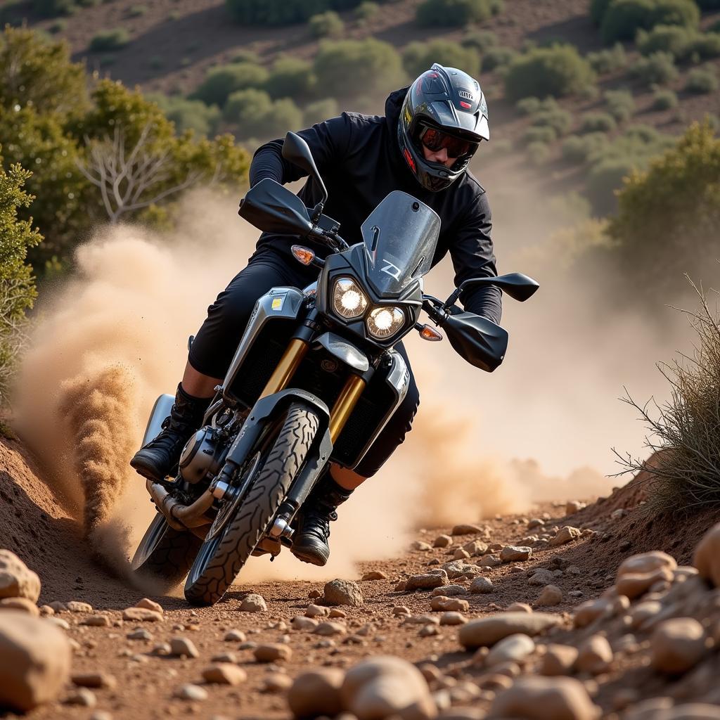 Honda Africa Twin maneuvering through a challenging off-road trail.