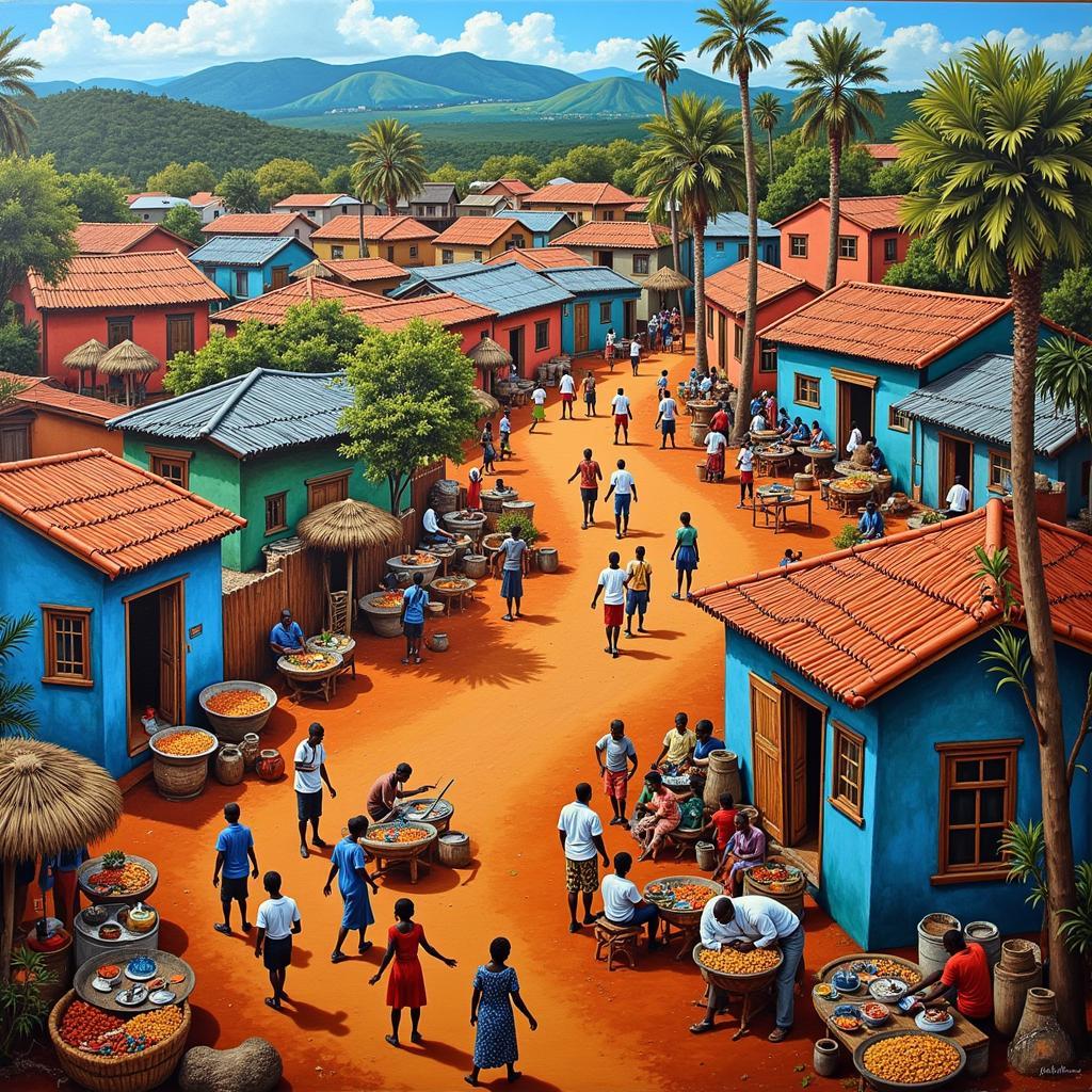 African Village Scene Acrylic Painting on Canvas