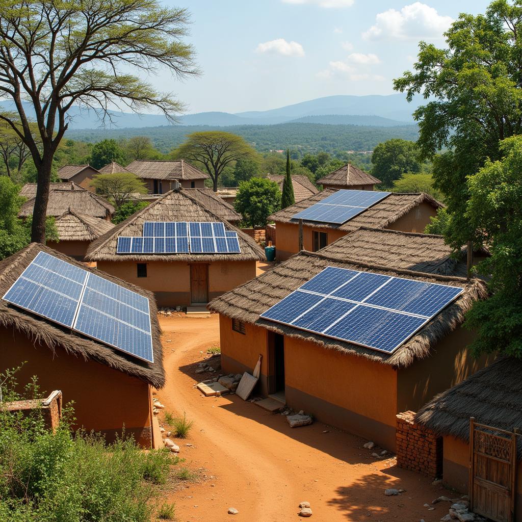 An African village embracing sustainable development with solar panels.