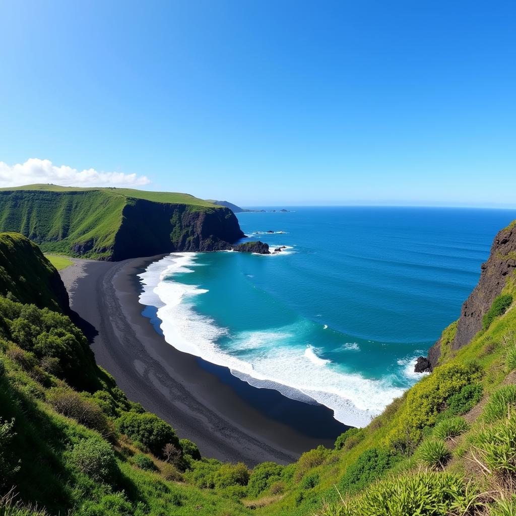 Volcanic black sand beach landscape in Africa