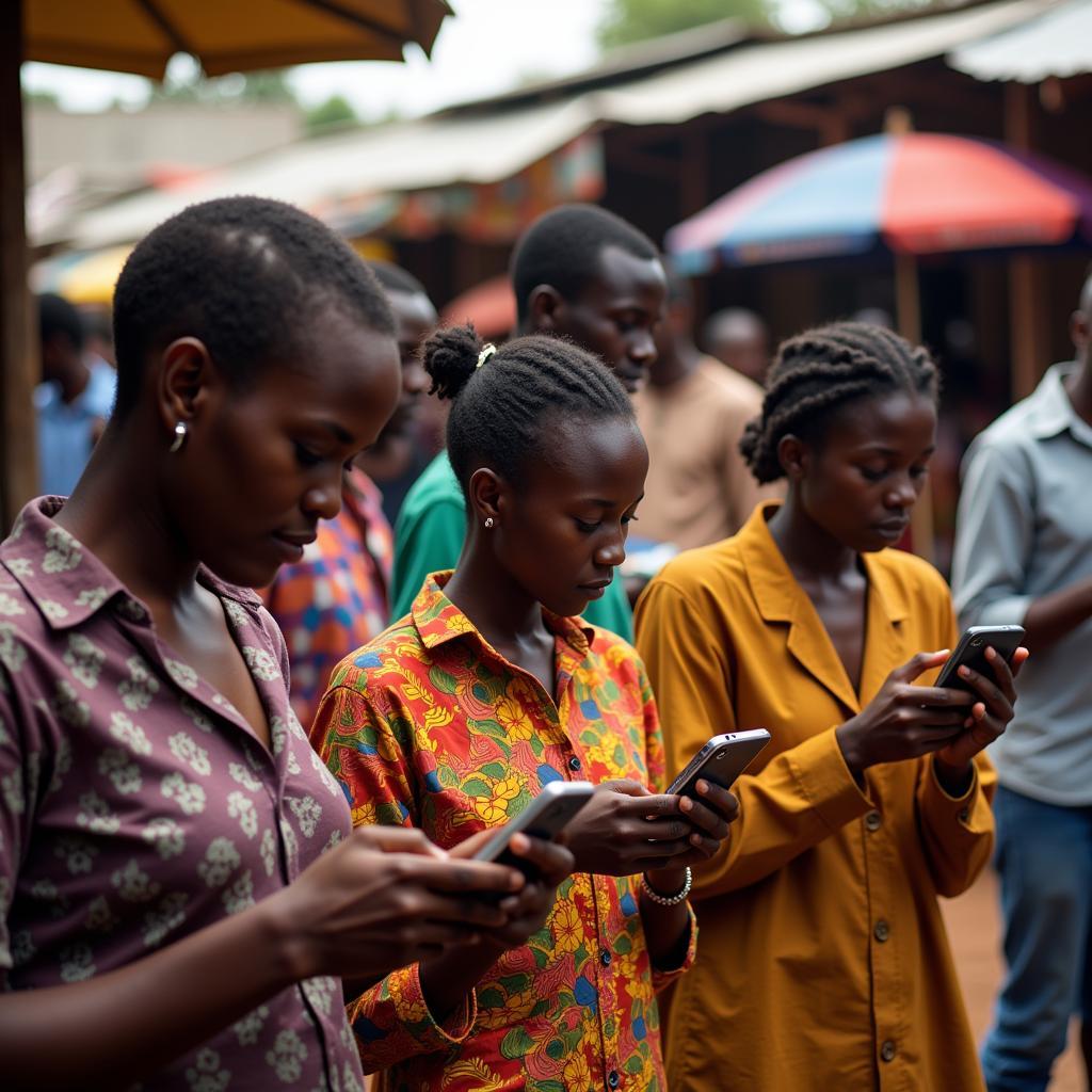 People using WhatsApp on their phones in an African market