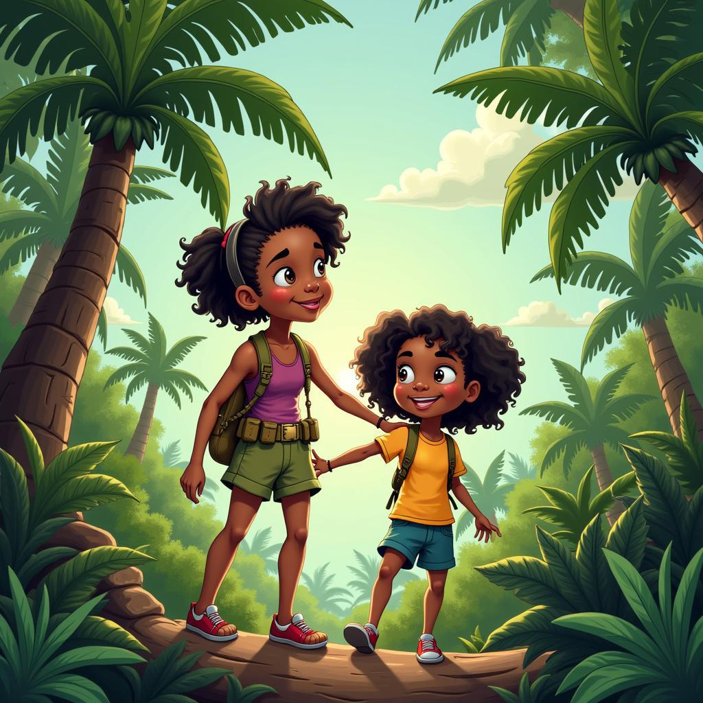 Cartoon of African and White Girl on an Adventure