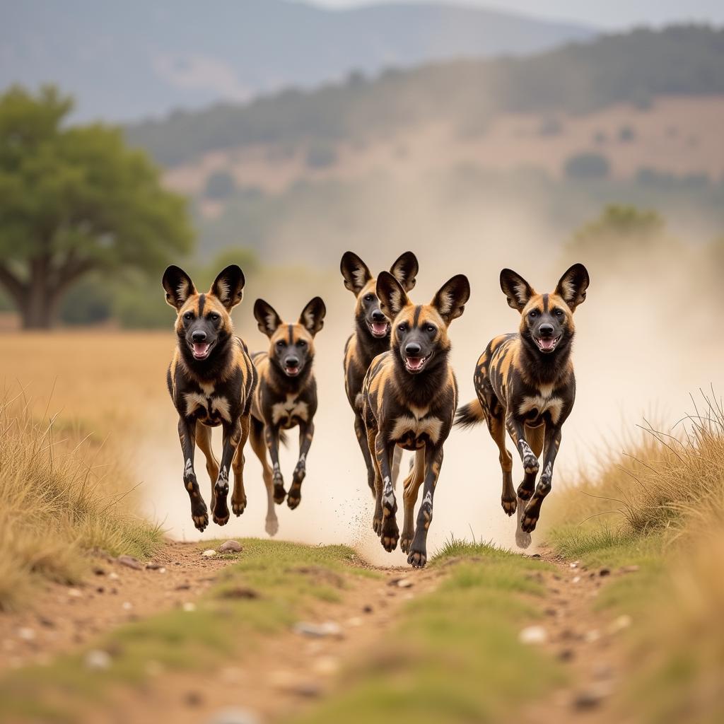 African Wild Dog Pack Hunting in the Savanna